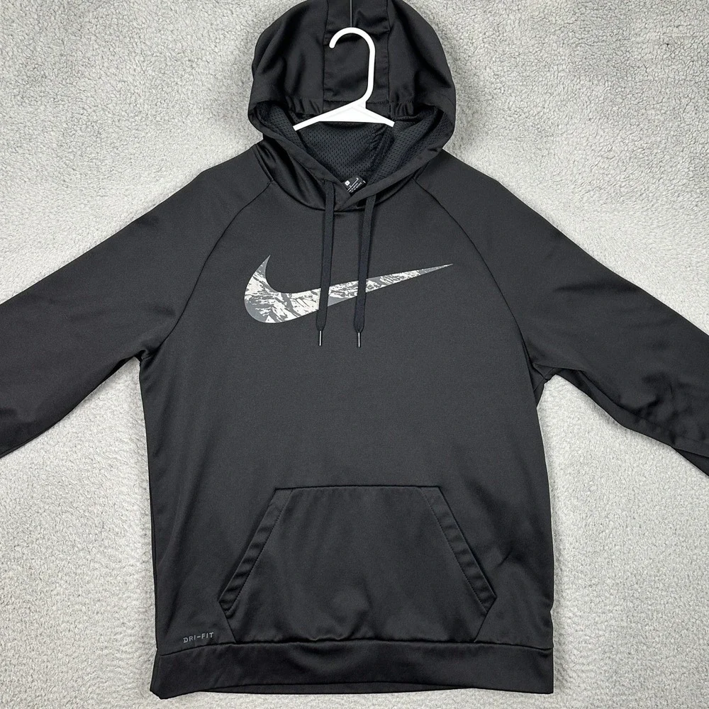 Nike Hoodie Mens Large Black Dri-Fit Graphic Swoosh Sweatshirt Drawstring Pocket